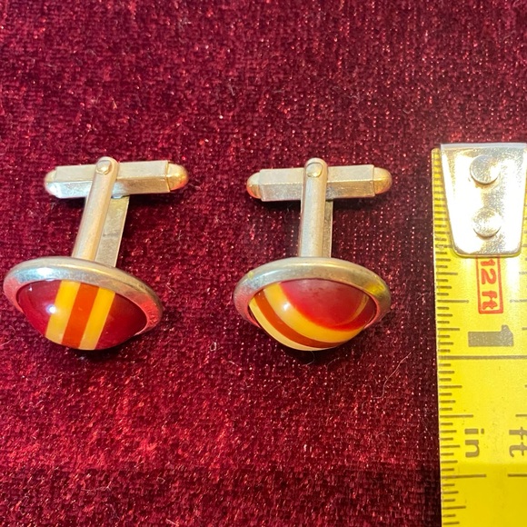 Vintage Lucite Swirl Cufflinks Red Yellow Mod Round Dome Mid Century - Picture 4 of 5